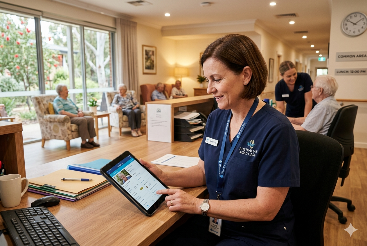 Care facility manager monitoring resident wellness