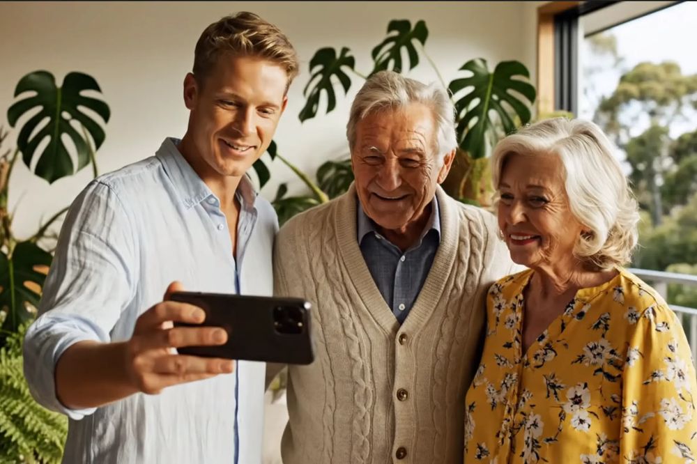 A family looking at a phone together and smiling
