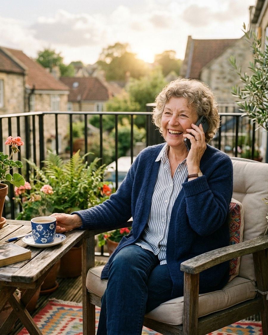 An older woman smiling while talking on her phone on a sunny balcony